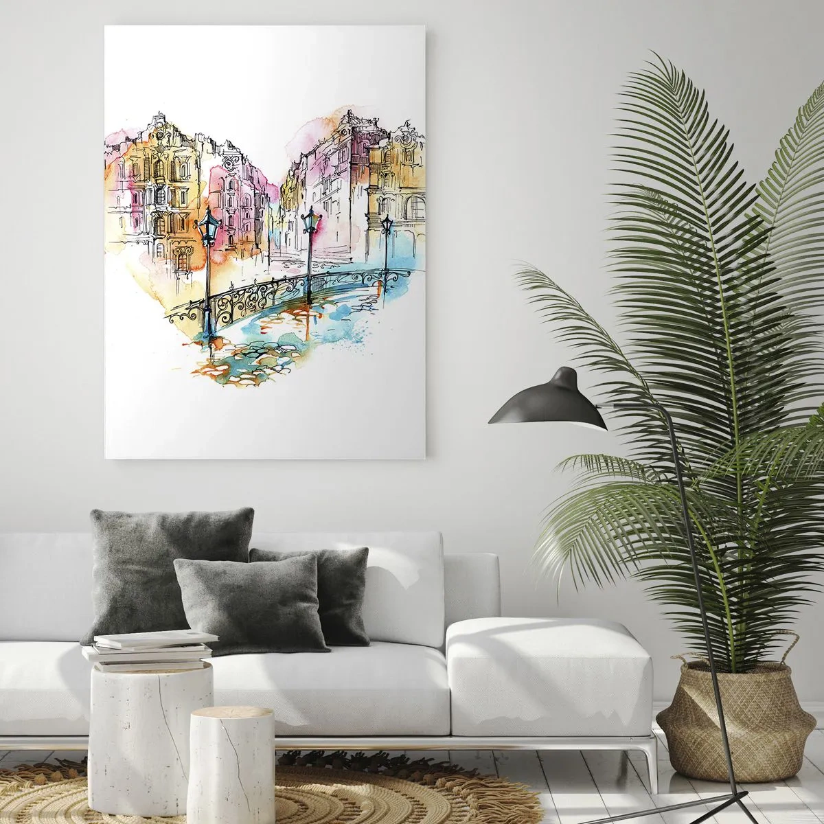 Impression sur verre - Image sur verre - Maisons romantiques avec un pont en forme de cœur, aquarelle - 50x70cm - Le coeur de la ville - Décoration murale moderne pour le salon et la chambre ARTTOR
