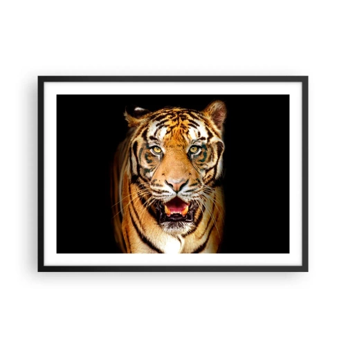 Affiche dans un cadre noir - Poster - Un tigre avec la gueule ouverte sur un fond noir - 70x50cm - Le coeur sauvageon - Décoration murale moderne pour le salon et la chambre ARTTOR