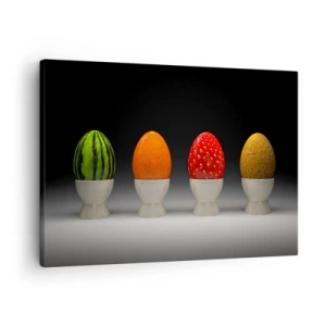 Impression sur toile - Image sur toile - Œufs colorés ressemblant à des fruits sur un fond sombre - 70x50cm - Petit-déjeuner fruité - Décoration murale moderne pour le salon et la chambre ARTTOR