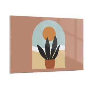 Impression sur verre - Image sur verre - Une scène abstraite avec une plante en pot et le soleil en arrière-plan, dans des couleurs pastel. - 120x80cm - Petits bonheurs - Décoration murale moderne pour le salon et la chambre ARTTOR