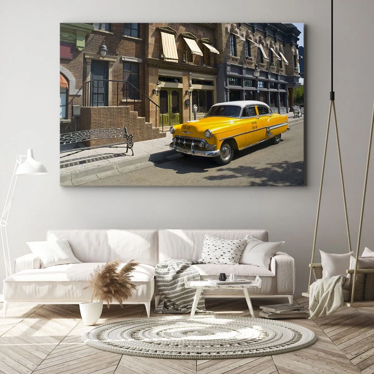 Impression sur toile - Image sur toile - Un taxi jaune dans une rue bordée d'immeubles - 70x50cm - Il y a longtemps en Amérique - Décoration murale moderne pour le salon et la chambre ARTTOR