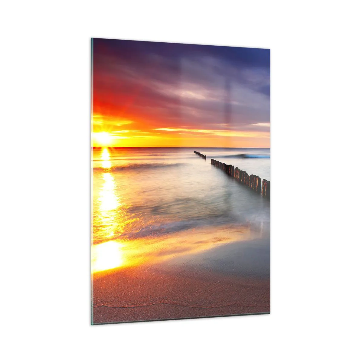 Impression sur verre - Image sur verre - Coucher de soleil sur la mer avec des brise-lames en bois - 50x70cm - Ecoute le silence - Décoration murale moderne pour le salon et la chambre ARTTOR