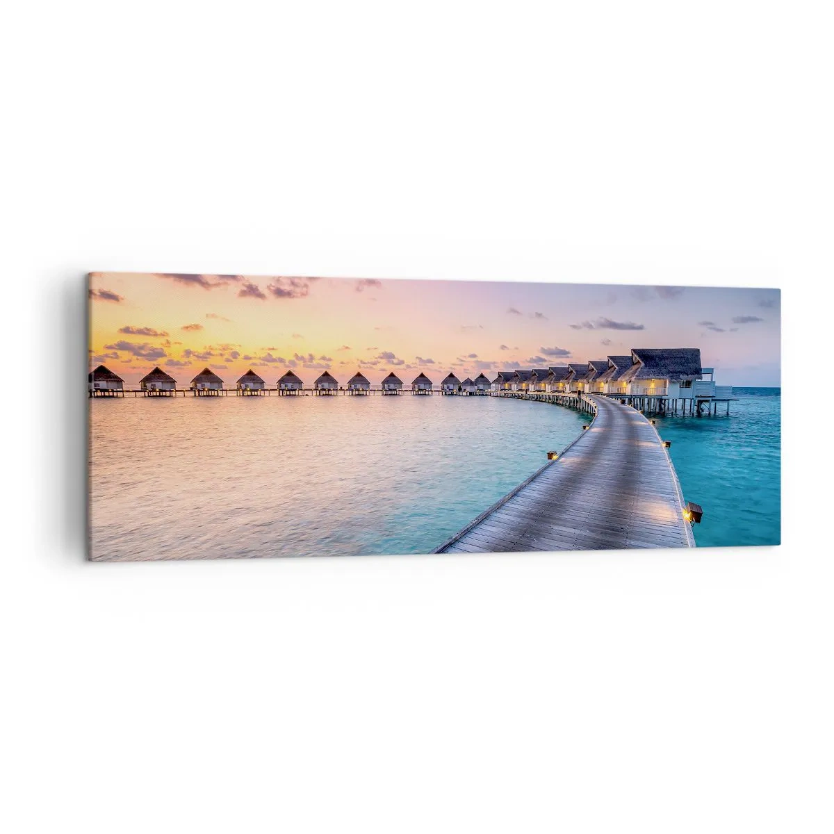 Impression sur toile - Image sur toile - La jetée menant aux chalets au bord de l'eau au coucher du soleil - 140x50cm - Vacances - retour aux sources - Décoration murale moderne pour le salon et la chambre ARTTOR