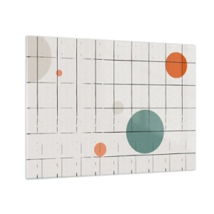 Impression sur verre - Image sur verre - Cercles colorés sur une grille géométrique de lignes fines - 70x50cm - Piégé. Nous ou eux ? - Décoration murale moderne pour le salon et la chambre ARTTOR