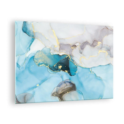 Impression sur verre - Image sur verre - Vagues turquoise et grises avec des accents dorés - 70x50cm - Etude de la rencontre gris et turquoise - Décoration murale moderne pour le salon et la chambre ARTTOR