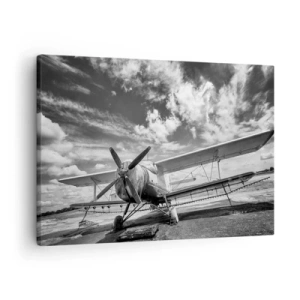 Impression sur toile - Image sur toile - Un vieil avion à l'aéroport en noir et blanc - 70x50cm - Je suis impatient! - Décoration murale moderne pour le salon et la chambre ARTTOR