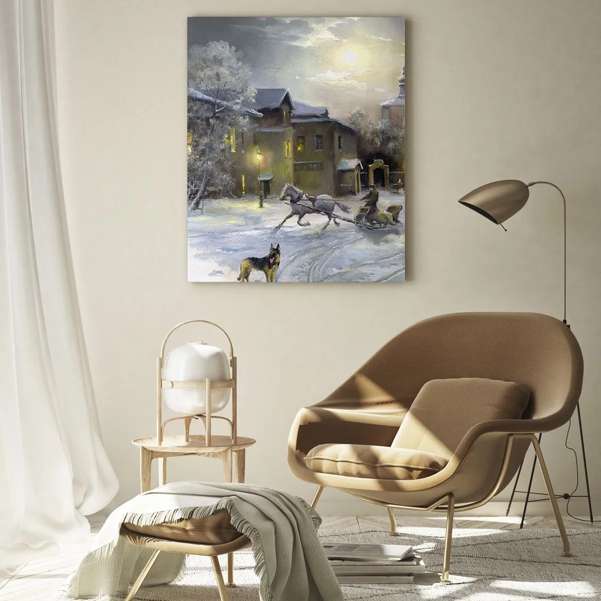 Impression sur verre - Image sur verre - Paysage d'hiver dans une ville russe avec un traîneau et une église - 70x100cm - La magie de l'hiver russe - Décoration murale moderne pour le salon et la chambre ARTTOR