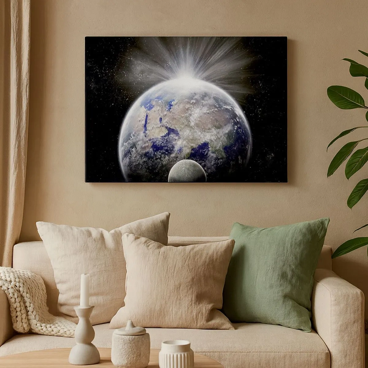 Impression sur toile - Image sur toile - La Terre et la Lune illuminées par la lueur de l'espace - 70x50cm - En pleine splendeur - Décoration murale moderne pour le salon et la chambre ARTTOR
