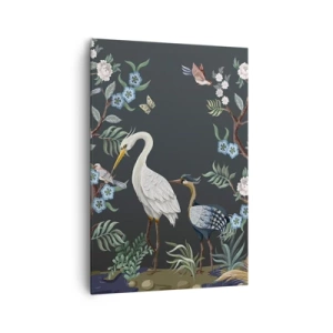 Impression sur toile - Image sur toile - Oiseaux et plantes peints sur un fond sombre avec un motif élégant - 70x100cm - Parade d'oiseaux - Décoration murale moderne pour le salon et la chambre ARTTOR