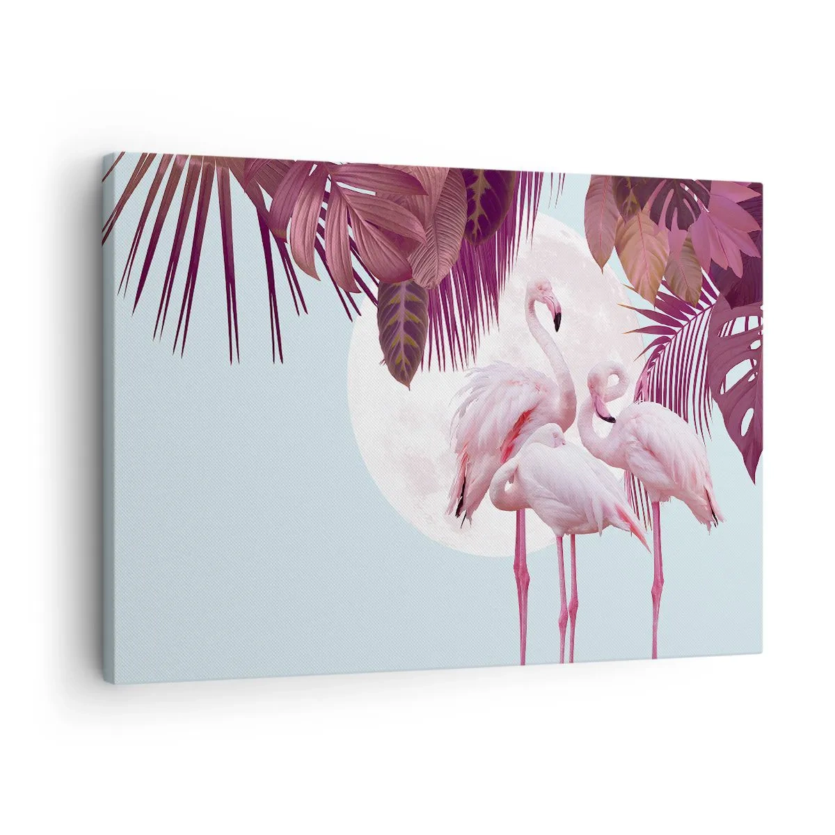 Impression sur toile - Image sur toile - Flamants roses sur fond de lune et de feuilles tropicales - 70x50cm - Trois oiseaux gracieux - Décoration murale moderne pour le salon et la chambre ARTTOR