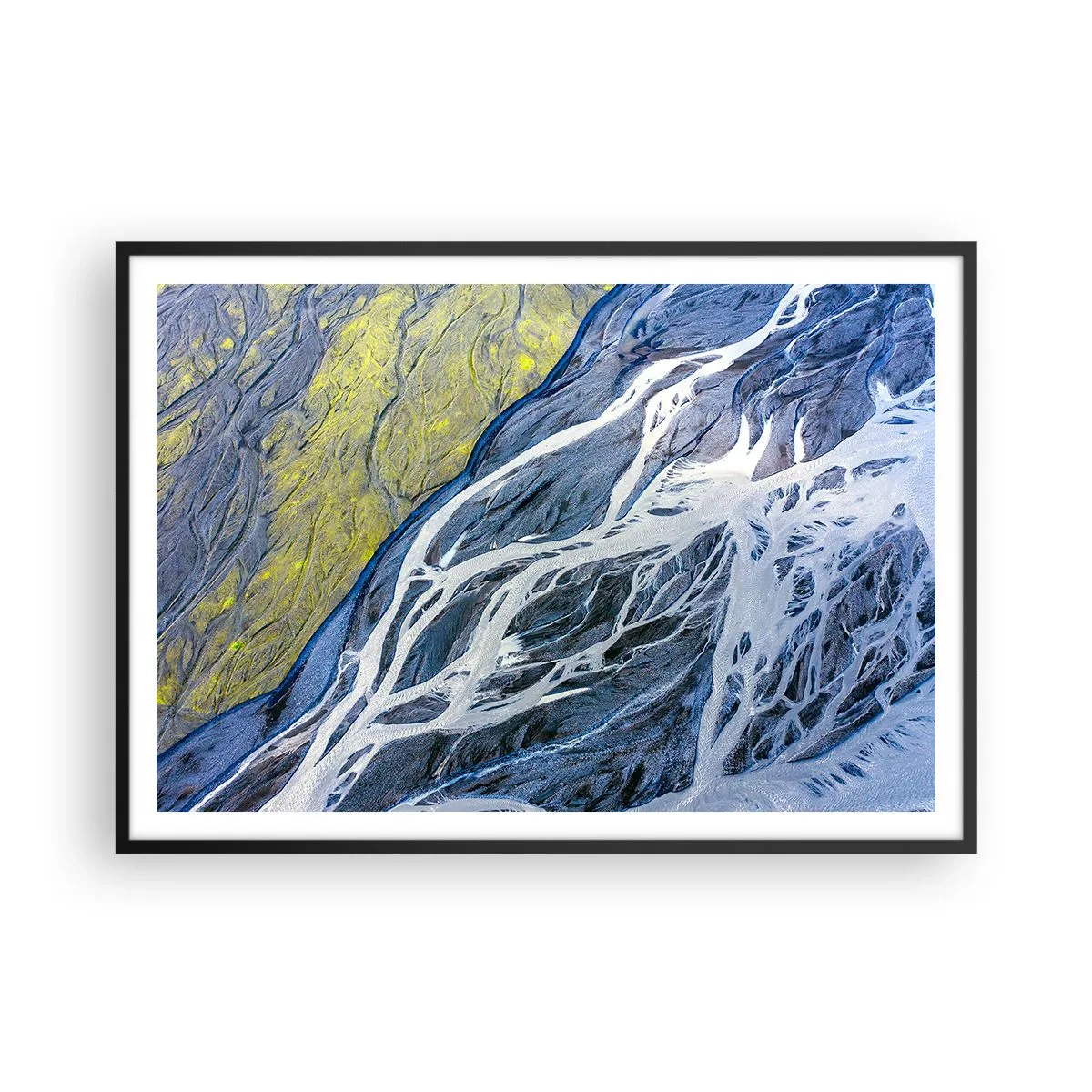 Affiche dans un cadre noir - Poster - Vue aérienne abstraite des lits de rivières sinueux - 100x70cm - Peintures rupestres de la nature - Décoration murale moderne pour le salon et la chambre ARTTOR