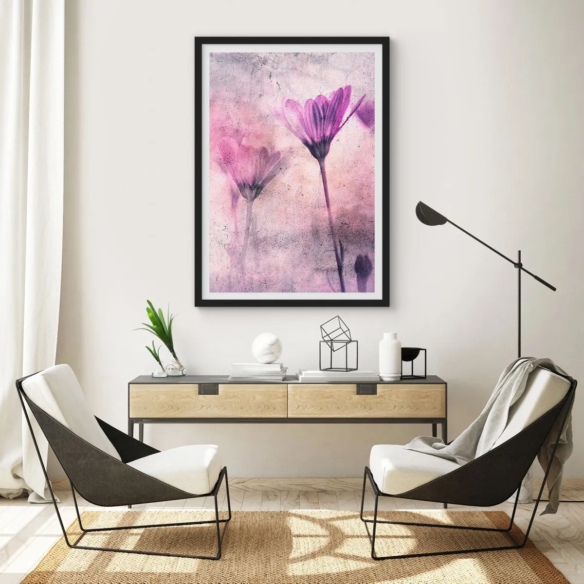 Affiche dans un cadre noir - Poster - Fleurs délicates dans des tons de rose et de violet sur un fond clair - 50x70cm - Rêve de fleurs - Décoration murale moderne pour le salon et la chambre ARTTOR
