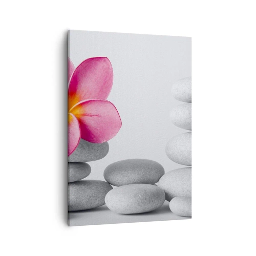 Impression sur toile - Image sur toile - Fleur rose sur pierres de style zen - 50x70cm - Pierre sur pierre, et sur cette pierre... - Décoration murale moderne pour le salon et la chambre ARTTOR