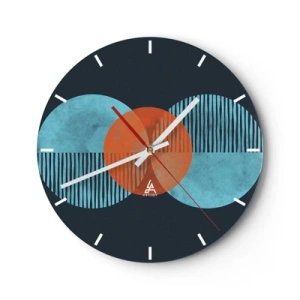 Horloge murale - Pendule murale - Une composition abstraite de cercles et de lignes dans des tons de bleu et d'orange. - 30x30cm - Composition symétrique - Décoration murale moderne pour le salon, la cuisine et la chambre ARTTOR