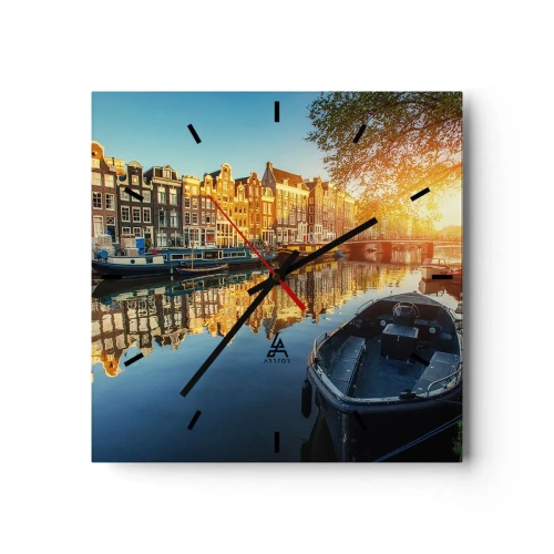 Horloge murale - Pendule murale - Canal d'Amsterdam au coucher du soleil - 30x30cm - Début de journée à Amsterdam - Décoration murale moderne pour le salon et la chambre ARTTOR
