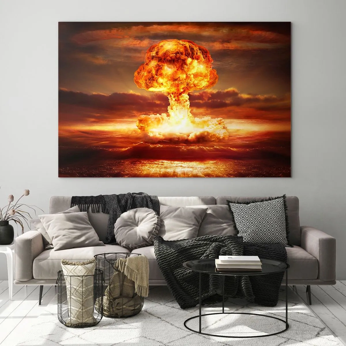 Impression sur verre - Image sur verre - Une explosion de nuage en forme de champignon dans les couleurs intenses d'un coucher de soleil - 120x80cm - Et la fin viendra - Décoration murale moderne pour le salon et la chambre ARTTOR