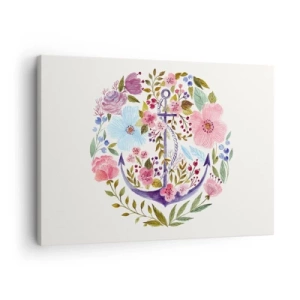 Impression sur toile - Image sur toile - Une ancre entourée de fleurs à l'aquarelle sur un fond clair - 70x50cm - Le beau rêve du marin - Décoration murale moderne pour le salon et la chambre ARTTOR