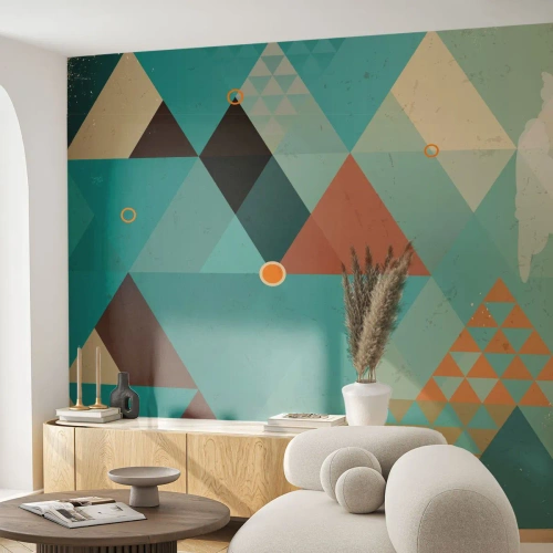 Papier Peint Photo Premium Sand - Composition géométrique de triangles dans les tons beige et turquoise - 100x70cm - Unité de la multiplicité, multiplicité de l'unité - Décoration murale moderne pour le salon et la chambre ARTTOR