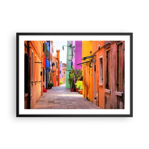 Affiche dans un cadre noir - Poster - Une rue colorée avec des immeubles aux tons clairs - 70x50cm - Allée arc-en-ciel - Décoration murale moderne pour le salon et la chambre ARTTOR