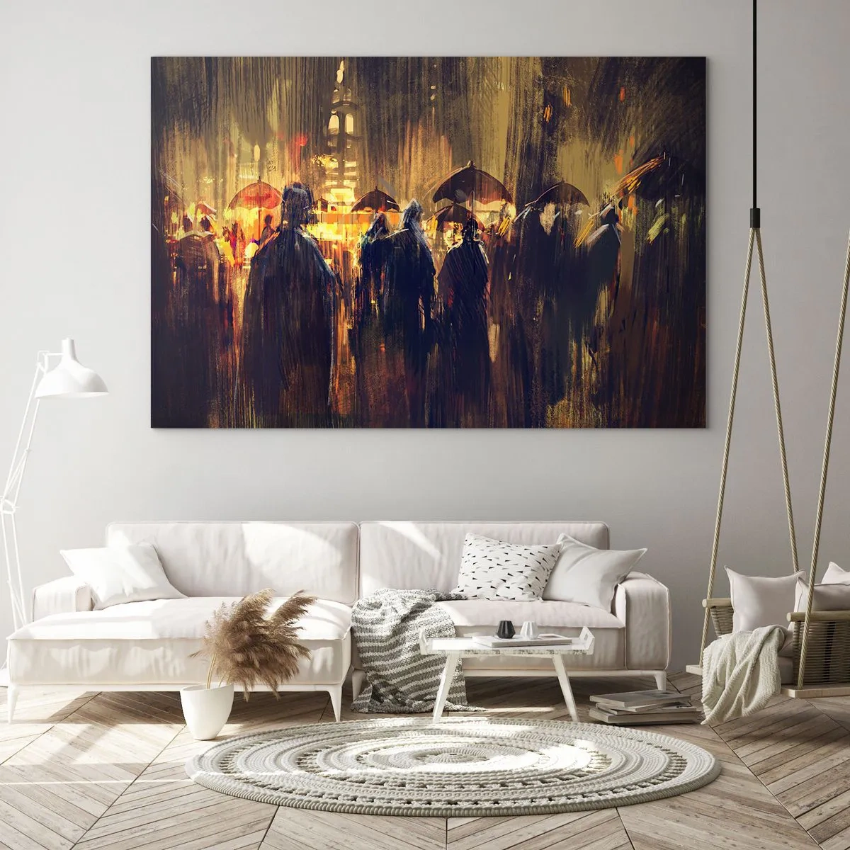 Impression sur verre - Image sur verre - Une foule avec des parapluies sous la pluie sur fond de lumières de la ville - 120x80cm - Adeptes de la pluie - Décoration murale moderne pour le salon et la chambre ARTTOR