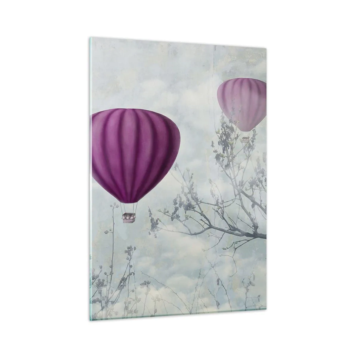 Impression sur verre - Image sur verre - Des ballons violets flottant parmi les nuages et les branches des arbres - 50x70cm - Comme des navires dans le ciel - Décoration murale moderne pour le salon et la chambre ARTTOR