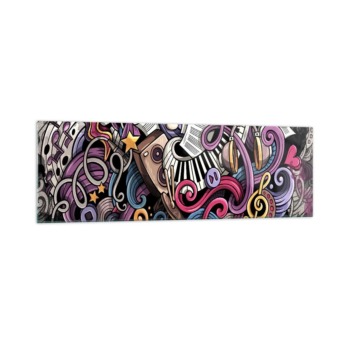Impression sur verre - Image sur verre - Une abstraction musicale pleine d'instruments et de notes colorées. - 160x50cm - Mélodie compliquée - Décoration murale moderne pour le salon et la chambre ARTTOR