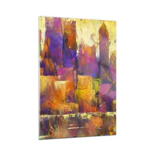 Impression sur verre - Image sur verre - Une métropole abstraite aux couleurs chaudes avec des accents de violet. - 50x70cm - Composition métropolitaine - Décoration murale moderne pour le salon et la chambre ARTTOR
