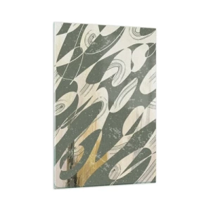 Impression sur verre - Image sur verre - Formes dynamiques dans des tons de vert et d'or - 80x120cm - Abstraction rythmique - Décoration murale moderne pour le salon et la chambre ARTTOR