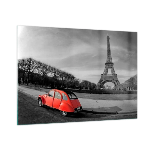 Impression sur verre - Image sur verre - Une voiture rouge avec la Tour Eiffel en arrière-plan dans un décor noir et blanc - 100x70cm - Plus parisien que Paris lui-même - Décoration murale moderne pour le salon et la chambre ARTTOR
