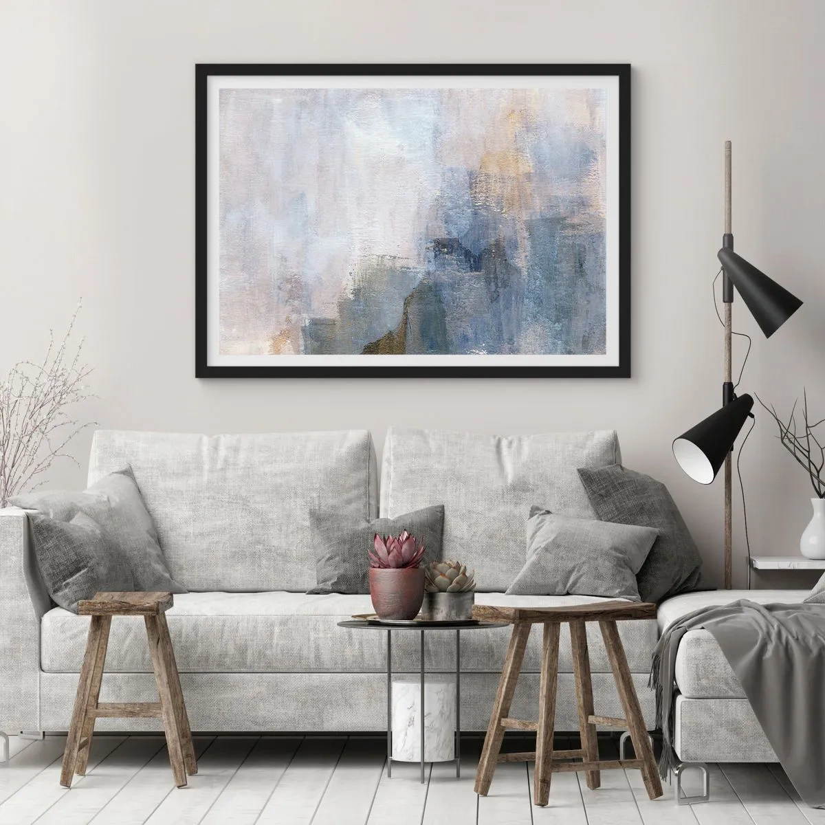 Affiche dans un cadre noir - Poster - Taches abstraites subtiles dans des tons de bleu et de beige - 100x70cm - Tonalités et accords de couleur - Décoration murale moderne pour le salon et la chambre ARTTOR