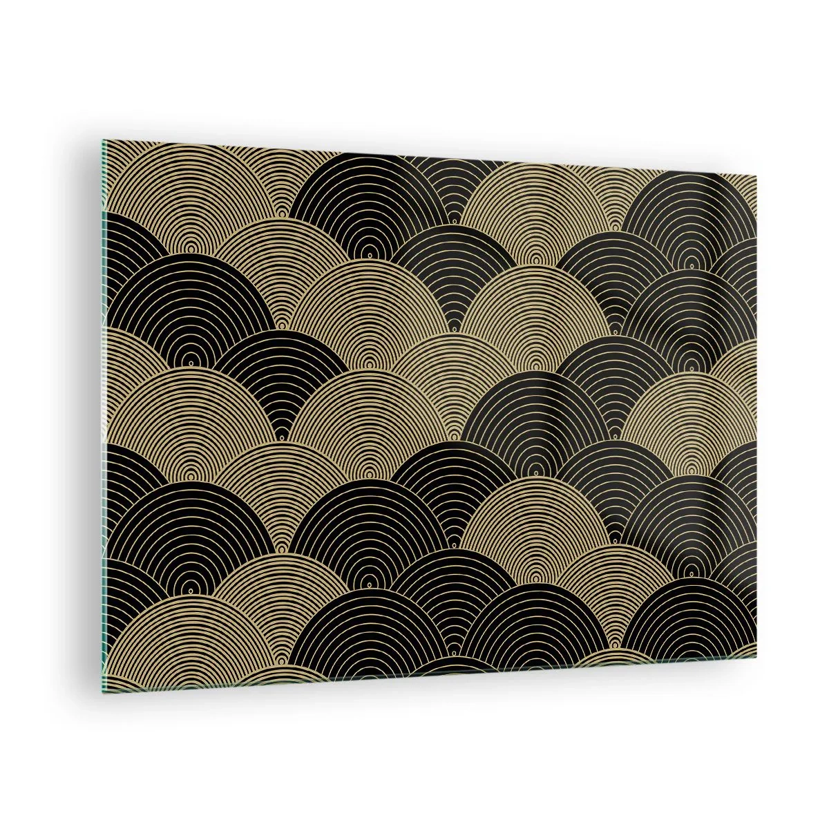 Impression sur verre - Image sur verre - Demi-cercles dorés selon un motif japonais régulier - 70x50cm - Unité dans la multiplicité - Décoration murale moderne pour le salon et la chambre ARTTOR