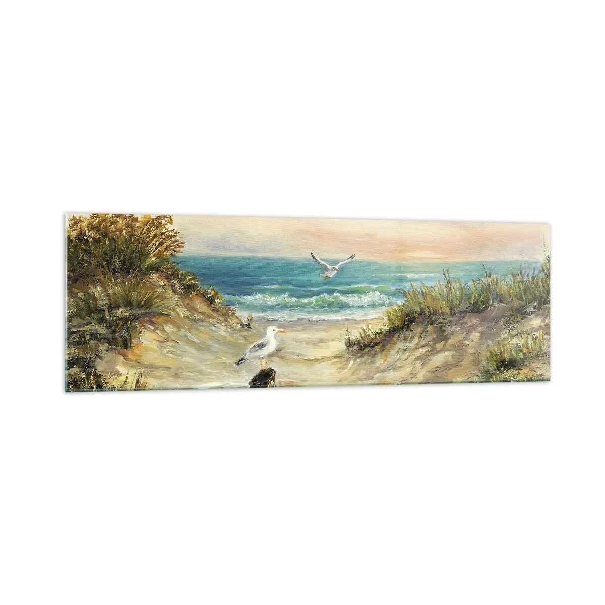 Impression sur verre - Image sur verre - Côte avec mouettes et dunes au coucher du soleil - 160x50cm - Retraite au calme - Décoration murale moderne pour le salon et la chambre ARTTOR
