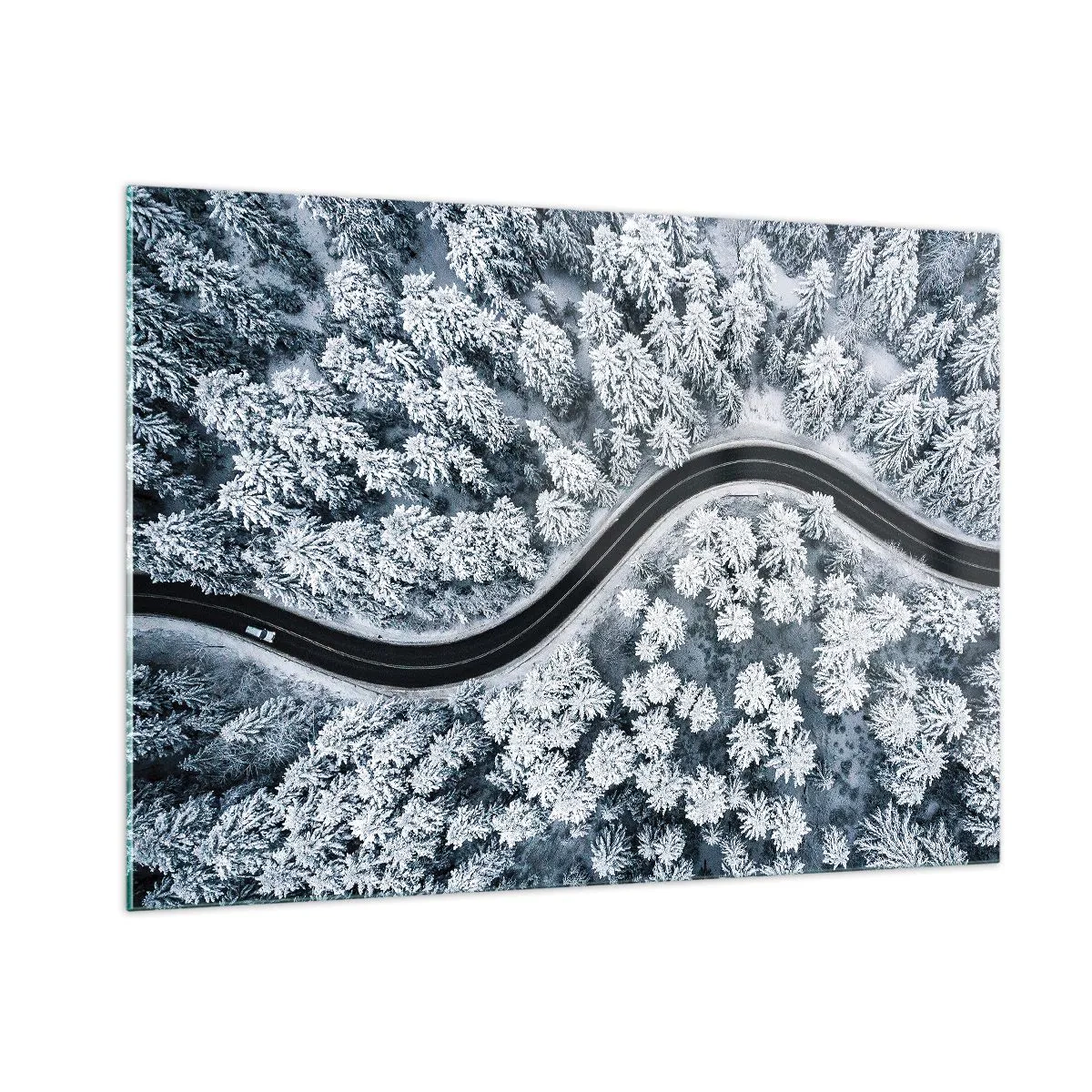 Impression sur verre - Image sur verre - Une route sinueuse à travers une forêt hivernale vue depuis un drone - 100x70cm - À travers une forêt d'hiver - Décoration murale moderne pour le salon et la chambre ARTTOR