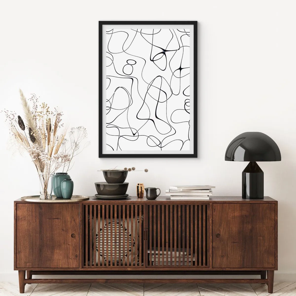 Affiche dans un cadre noir - Poster - Lignes noires abstraites sur fond blanc - 50x70cm - Le chemin de la vie, les voies du hasard - Décoration murale moderne pour le salon et la chambre ARTTOR