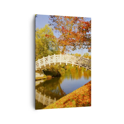 Impression sur toile - Image sur toile - Un pont dans un parc entouré de feuilles d'automne sur une eau calme - 80x120cm - Sur le pont blanc des soupirs - Décoration murale moderne pour le salon et la chambre ARTTOR