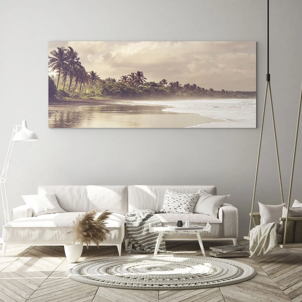Impression sur verre - Image sur verre - Une plage avec des palmiers et des vagues douces le matin - 120x50cm - La caresse des vagues - Décoration murale moderne pour le salon et la chambre ARTTOR