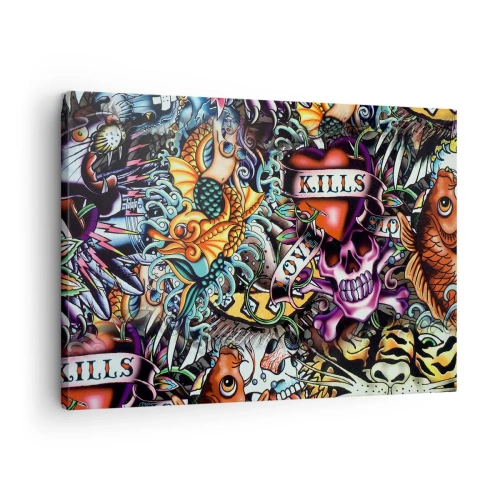 Impression sur toile - Image sur toile - Œuvre d'art colorée de style tatouage avec des crânes et des motifs nautiques - 70x50cm - Le rêve du tatoueur - Décoration murale moderne pour le salon et la chambre ARTTOR