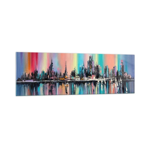 Impression sur verre - Image sur verre - Paysage urbain coloré avec reflet sur l'eau - 160x50cm - Noyé par la lumière de la nuit - Décoration murale moderne pour le salon et la chambre ARTTOR