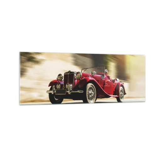 Impression sur verre - Image sur verre - Voiture classique rouge en mouvement dans une rue ensoleillée - 140x50cm - Plus belle que Nike de Samothrace - Décoration murale moderne pour le salon et la chambre ARTTOR