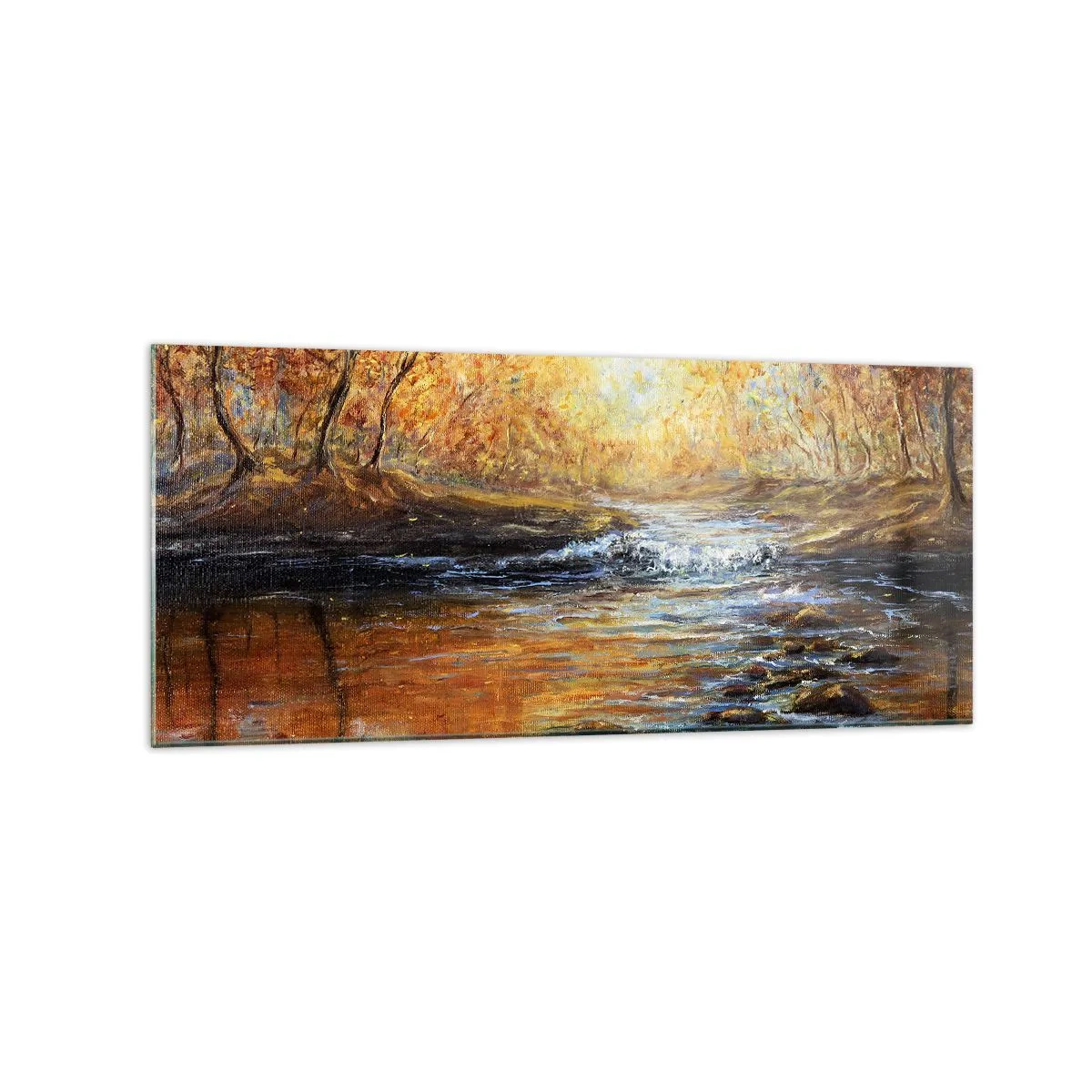 Impression sur verre - Image sur verre - Paysage d'automne avec une rivière parmi les arbres - 120x50cm - Le ruisseau d'or - Décoration murale moderne pour le salon et la chambre ARTTOR