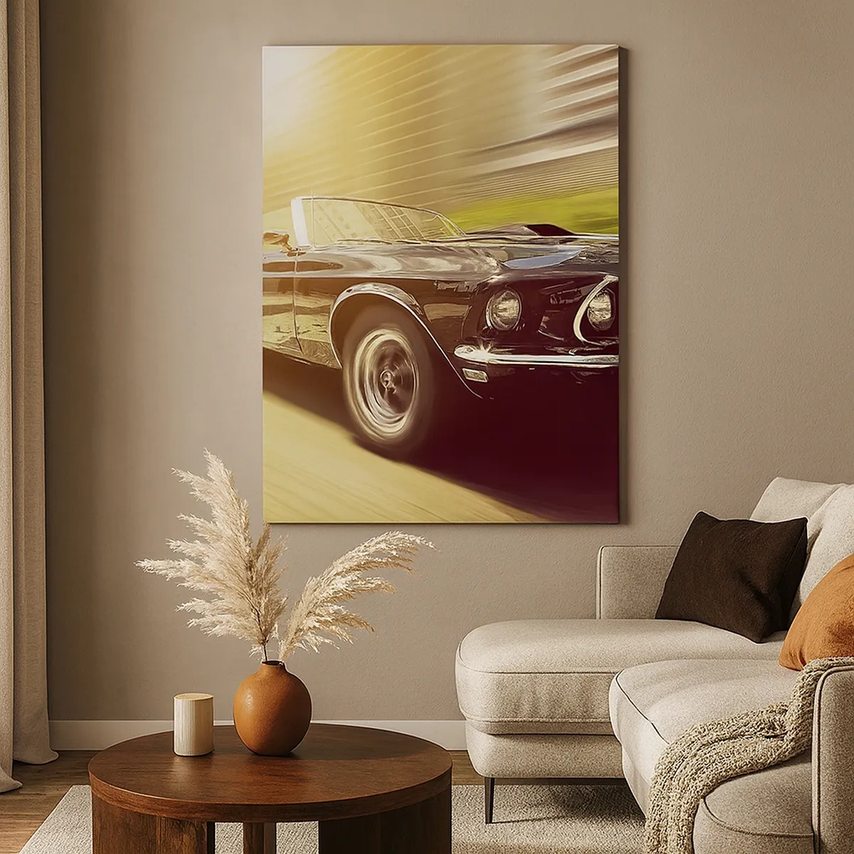 Impression sur toile - Image sur toile - Une voiture classique en mouvement dans un décor urbain - 50x70cm - 1967 - le retour de la légende - Décoration murale moderne pour le salon et la chambre ARTTOR