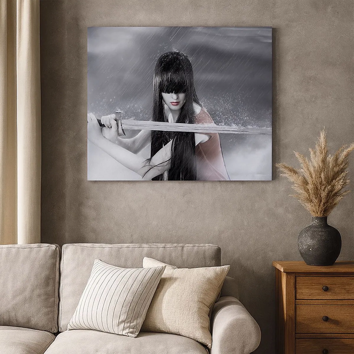 Impression sur toile - Image sur toile - Une femme avec une épée sous la pluie avec une apparence dynamique et mystérieuse - 70x50cm - Belle et dangereuse - Décoration murale moderne pour le salon et la chambre ARTTOR