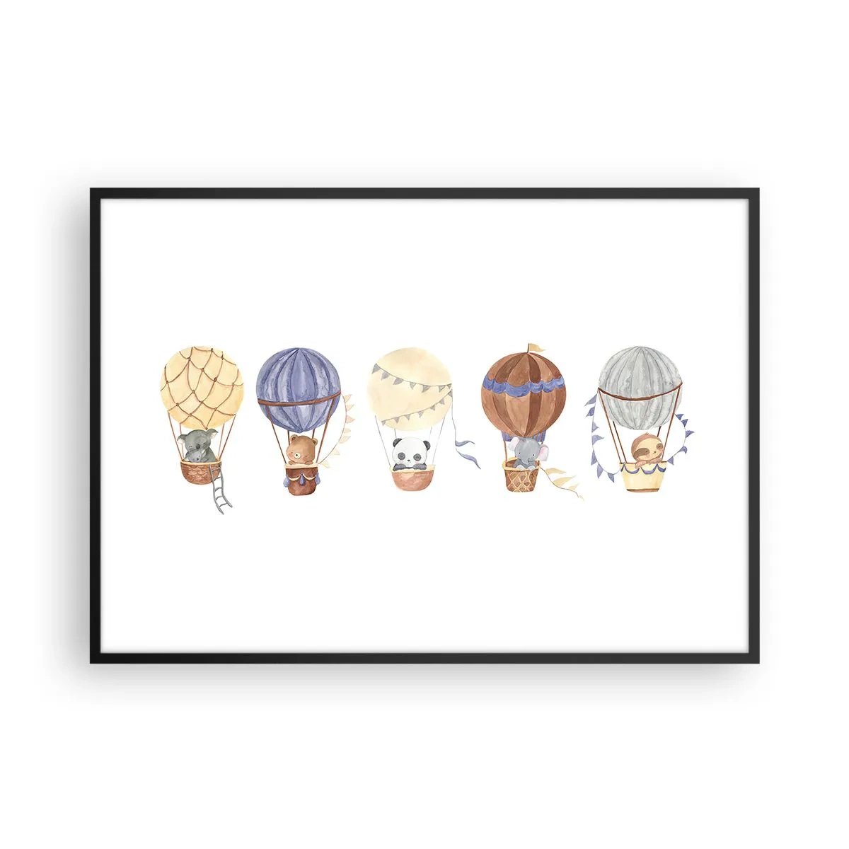 Affiche dans un cadre noir - Poster - Animaux mignons dans des ballons sur fond blanc - 100x70cm - Compagnons de voyage - Décoration murale moderne pour le salon et la chambre ARTTOR