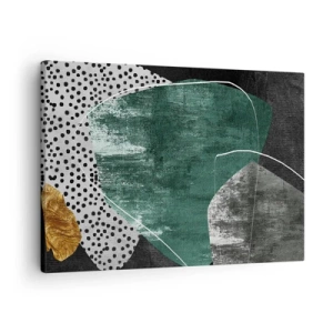 Impression sur toile - Image sur toile - Composition abstraite avec des formes vertes et des motifs à pois - 70x50cm - Abstraction colorée avec feuille d'or - Décoration murale moderne pour le salon et la chambre ARTTOR