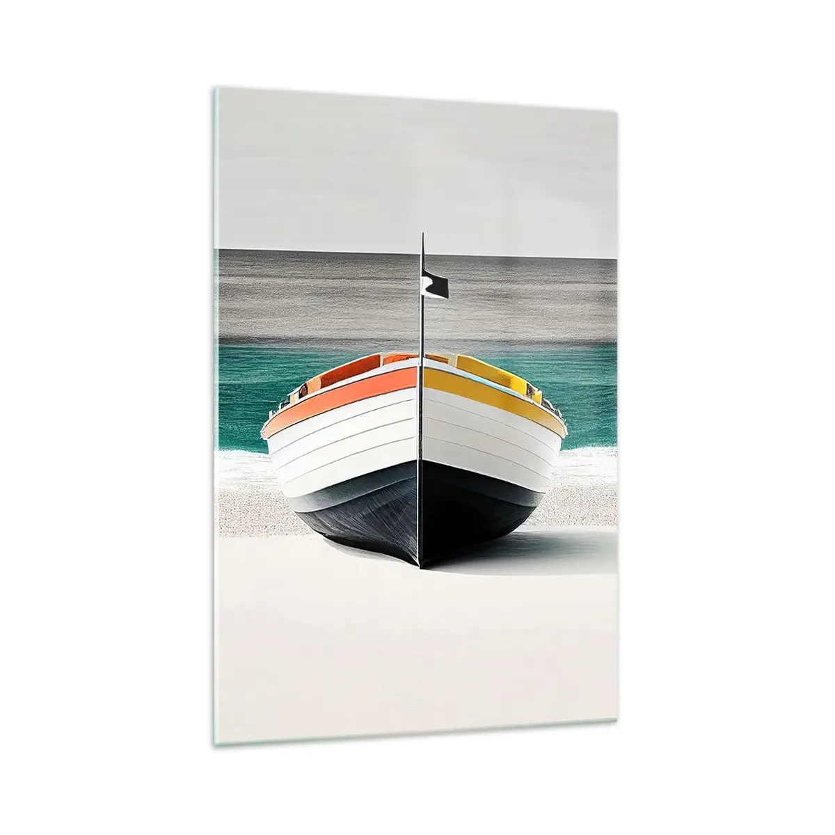 Impression sur verre - Image sur verre - Un bateau sur la plage avec une mer turquoise en arrière-plan - 70x100cm - A sa place - Décoration murale moderne pour le salon et la chambre ARTTOR