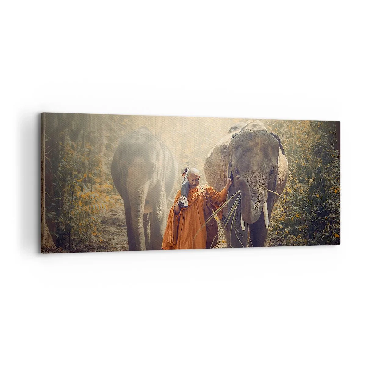 Impression sur toile - Image sur toile - Un moine en robe orange conduit un éléphant dans la forêt. - 120x50cm - Compréhension totale - Décoration murale moderne pour le salon et la chambre ARTTOR