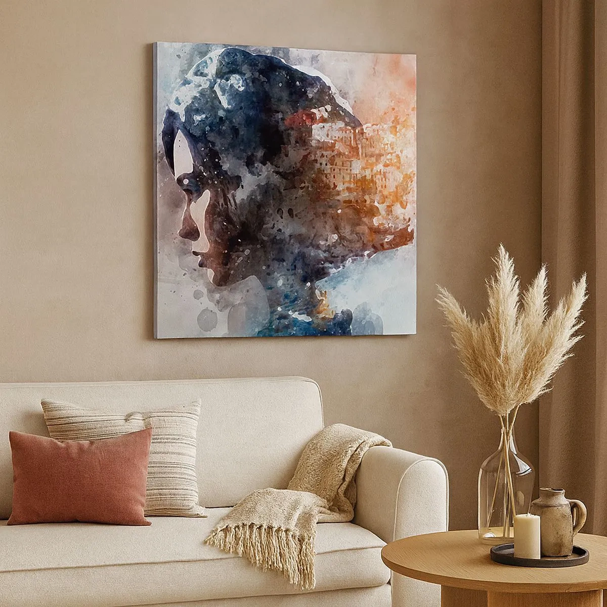 Impression sur toile - Image sur toile - L'histoire d'une fille avec une ville en arrière-plan - 30x30 cm