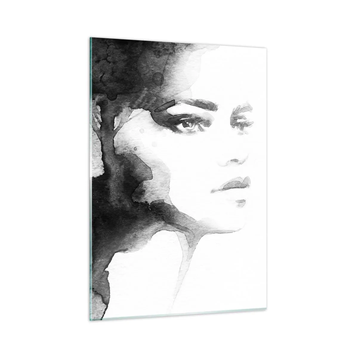 Impression sur verre - Image sur verre - Portrait de femme à l'aquarelle en noir et blanc - 50x70cm - Fait de mystère et de brouillard - Décoration murale moderne pour le salon et la chambre ARTTOR