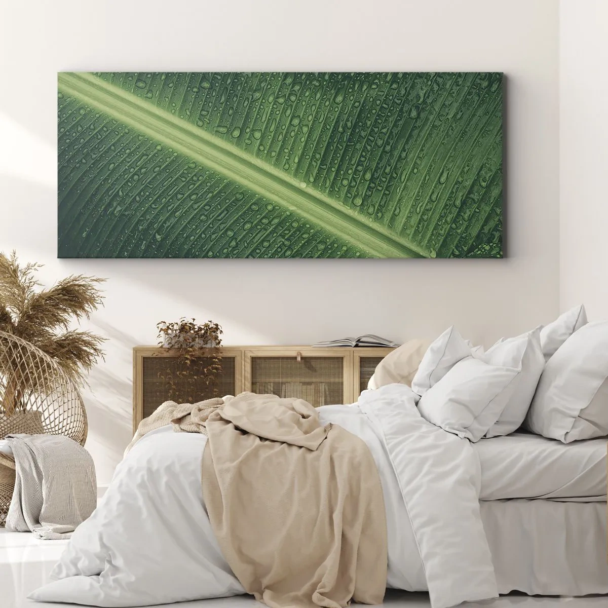 Impression sur toile - Image sur toile - Une feuille verte avec des gouttes d'eau à sa surface - 140x50cm - Structure de vert - Décoration murale moderne pour le salon et la chambre ARTTOR