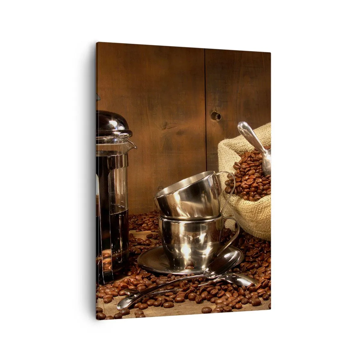 Impression sur toile - Image sur toile - Presse française, tasses et un sac de café sur un fond en bois - 50x70cm - Le charme du café - arôme et goût - Décoration murale moderne pour le salon et la chambre ARTTOR
